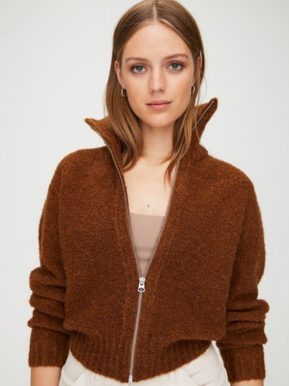 Aritzia Wilfred Free Fuzzy Zip-Up Sweater Jacket | XXS | Cozy Bouclé Knit